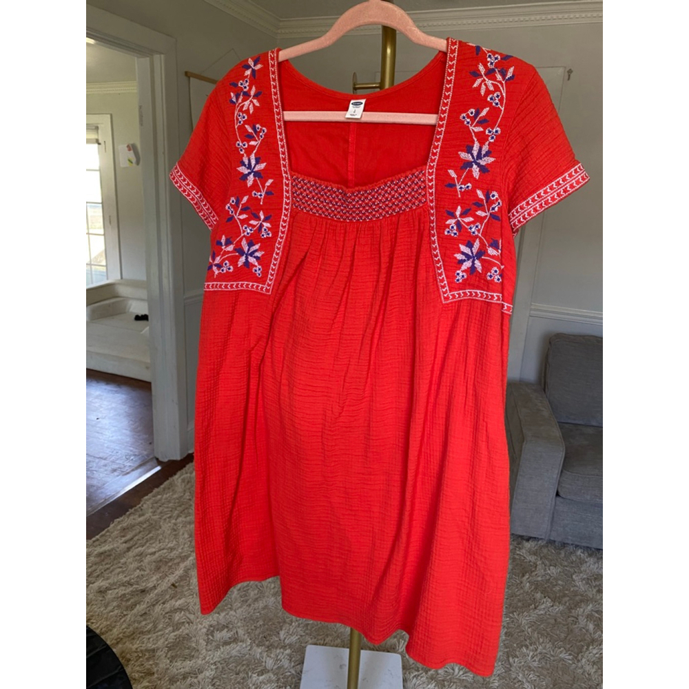 Old Navy Red Cotton Dress Midi Boho Embroidered Boho Peasant Cottagecore Summer - Picture 2 of 7